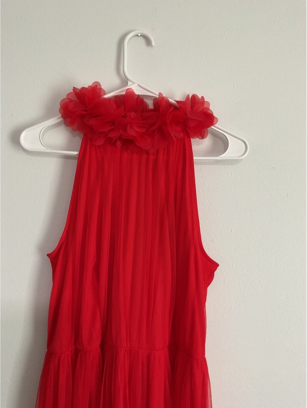 Lovely Grace Red Floral Neck Pleated Tulle Midi Dress NWT Size L - Picture 4 of 7